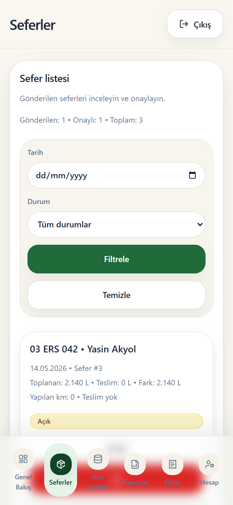 Ersoylar operasyonları için mobil sefer yönetimi ekranı.