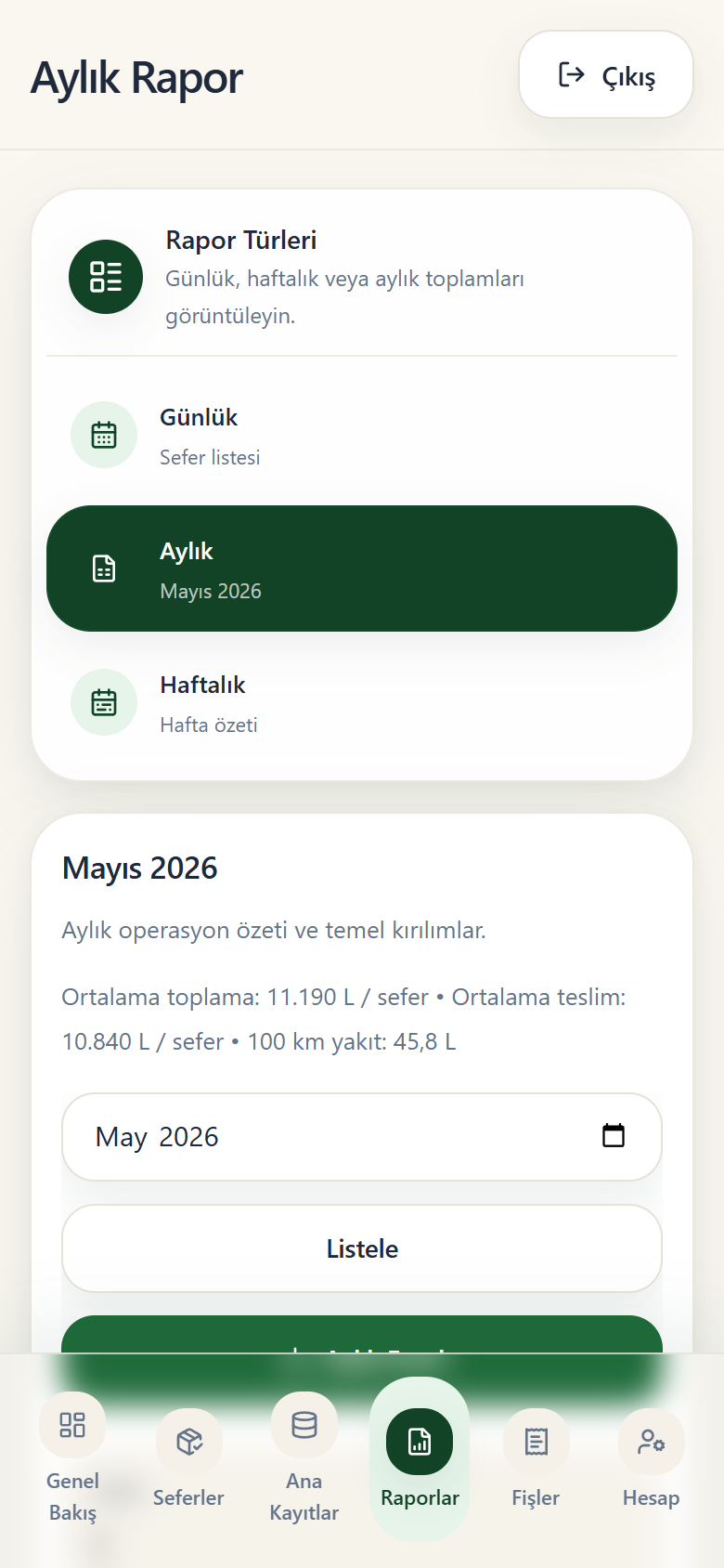 Ersoylar operasyonları için mobil aylık rapor ekranı.