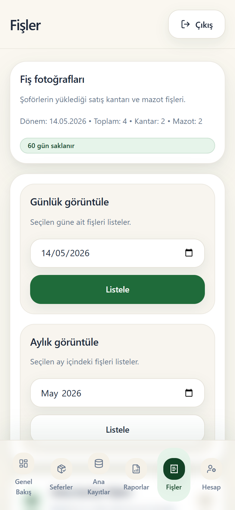 Operasyon fiş kayıtları için mobil fiş arşivi ekranı.