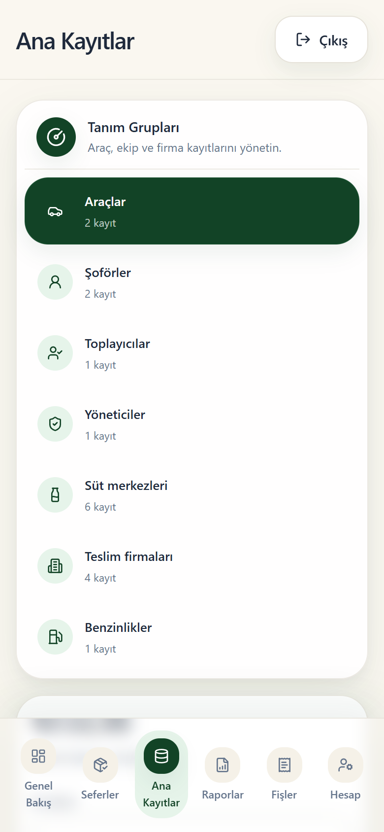 Ersoylar operasyonları için mobil ana kayıt yönetimi ekranı.