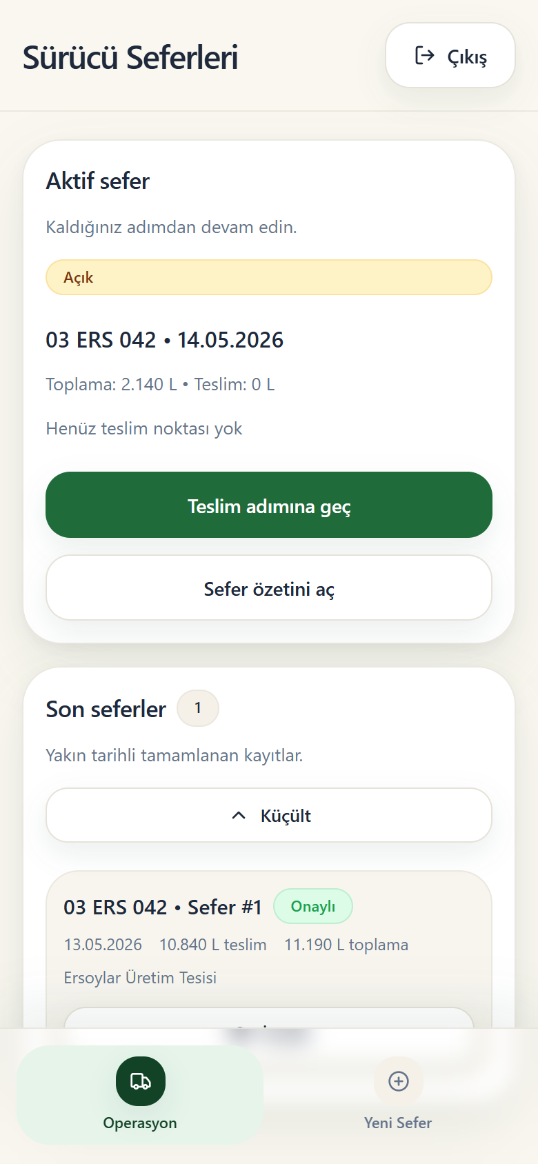 Aktif süt toplama seferleri için mobil sürücü ekranı.