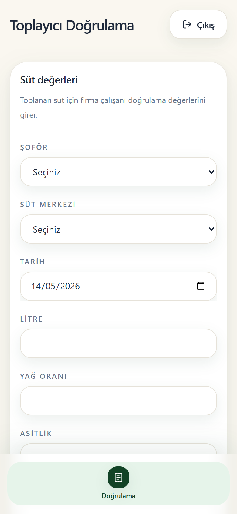 Süt kalite değerleri için mobil toplayıcı doğrulama formu.
